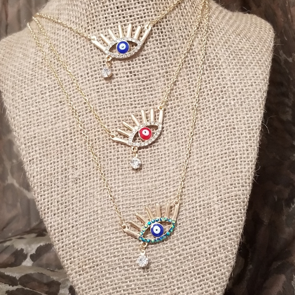 Evil Eye Gold Necklace with Rhinestones New